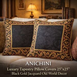Pair ANICHINI Luxury Tapestry Pillow Covers 25”x25” Black Gold Jacquard.